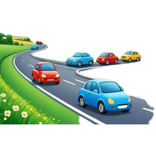 A busy highway with cute fast-moving cars, surrounded by green fields and distant mountains under a bright blue sky emoji
