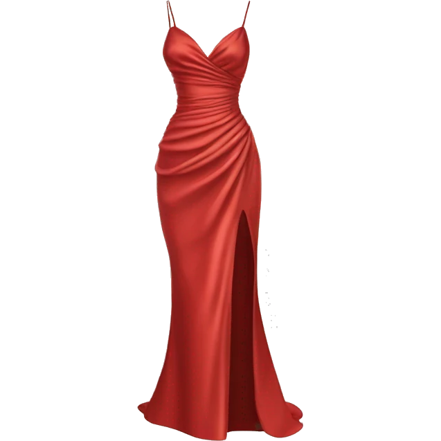 Red satin evening gown with spaghetti straps, a V-neck, ruched waist, and a high side slit. Designed as a standalone item, without a mannequin or person, similar to the 👗 emoji style. emoji