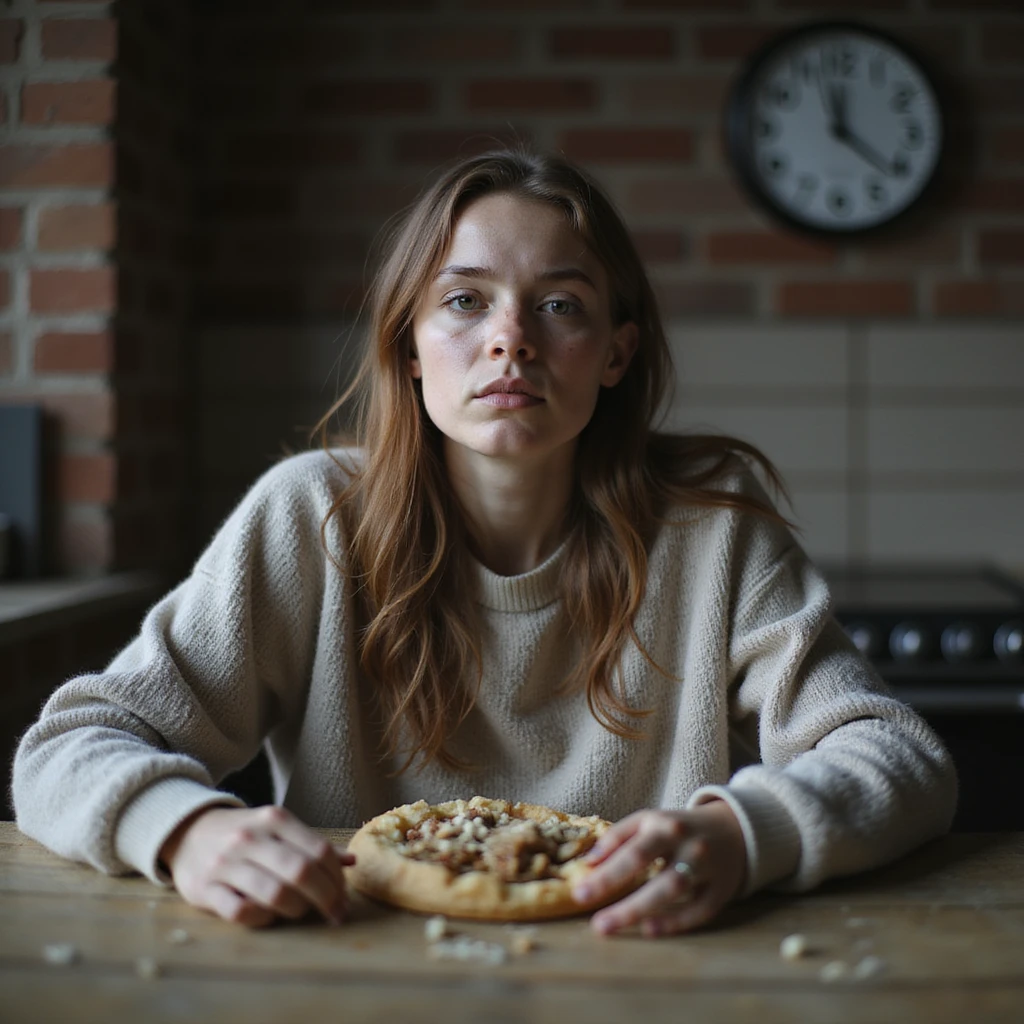 thin young woman with hollow cheeks and dark circles, wearing large sweater, sitting at table with cold uneaten food, kitchen clock at 3PM in background, natural light, hyperrealistic 4K details emoji