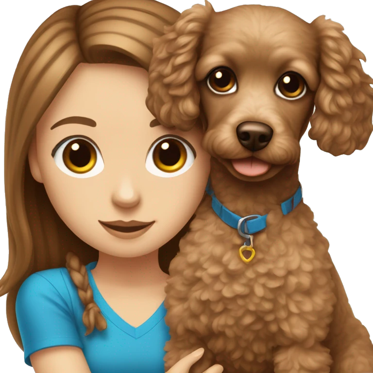 white girl with long straight brown hair and blue eyes holding a toy poodle puppy  emoji