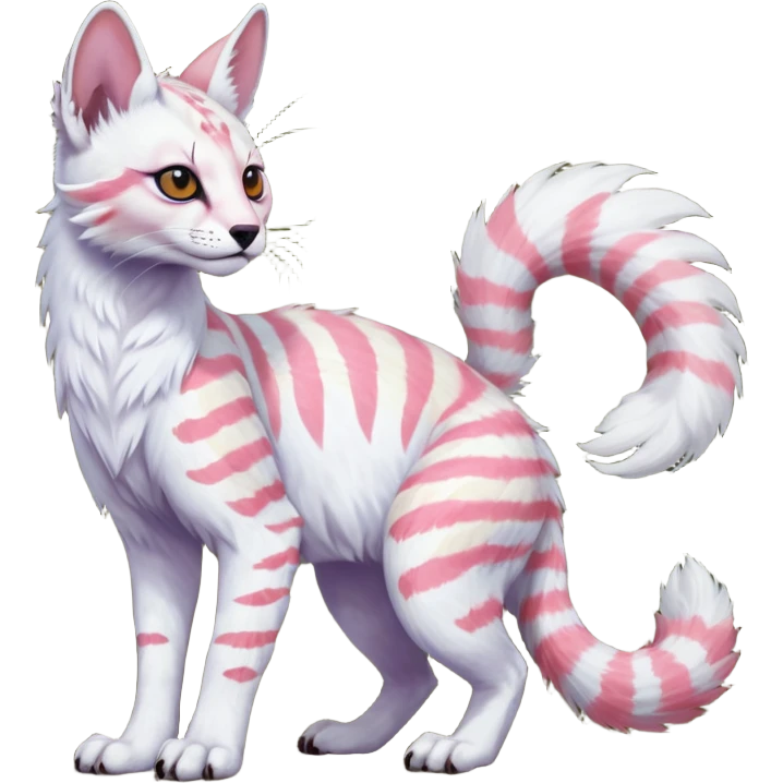 Colorful tropical feathery tribal pale light fruity pastel white glorious iridescent divine exotic cute albino neon vibrant spooky evil zigzagged cool beautiful fantasy-caracal-civet-genet-sergal-vernid-Gryphon-Cacomistle-Trico-oncilla-animal-Fakémon-hybrid-fursona (full body), facial markings,  emoji