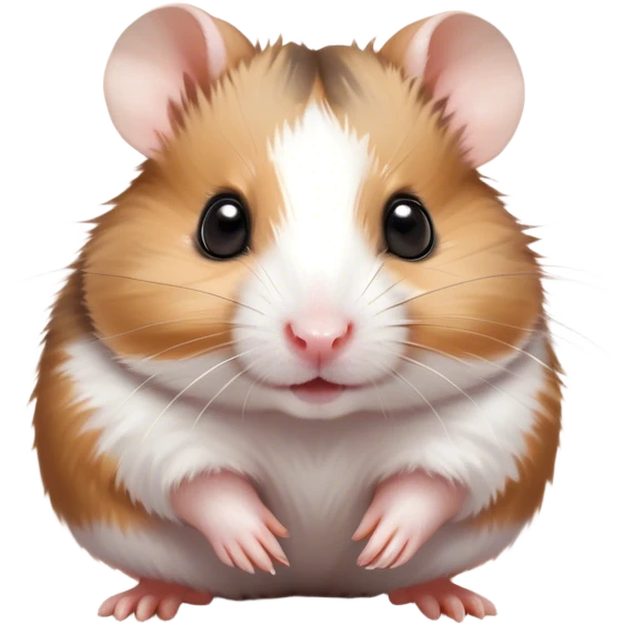 Cinematic Cute Brown and White Banded Hamster Portrait Emoji, Head tilted playfully and inquisitively, showcasing a fluffy fur with playful brown and white banded patterns, round, sparkling dark eyes filled with curiosity, Simplified yet irresistibly adorable features, highly detailed, glowing with a warm, friendly glow, high shine, affectionate and lively, stylized with a touch of whimsy, bright and endearing, soft glowing outline, capturing the essence of a mischievous yet loving hamster, so playful it feels like it could dash out of the screen and into your arms! emoji