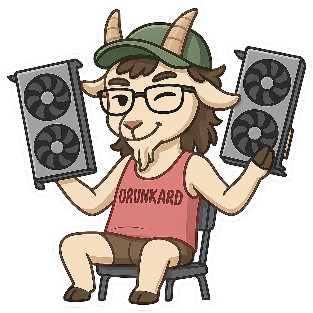 goat for Telegram stickers inspired by reference https://attic.sh/feoducyurkpqwz0la088soao98sx: wearing a cap, glasses, mullet hairstyle, pink drunkard tank top, sitting on a chair, holding a large video card in each hand at shoulder level, winking, pose like in the photo, clean lines, soft gradients. transparent background emoji