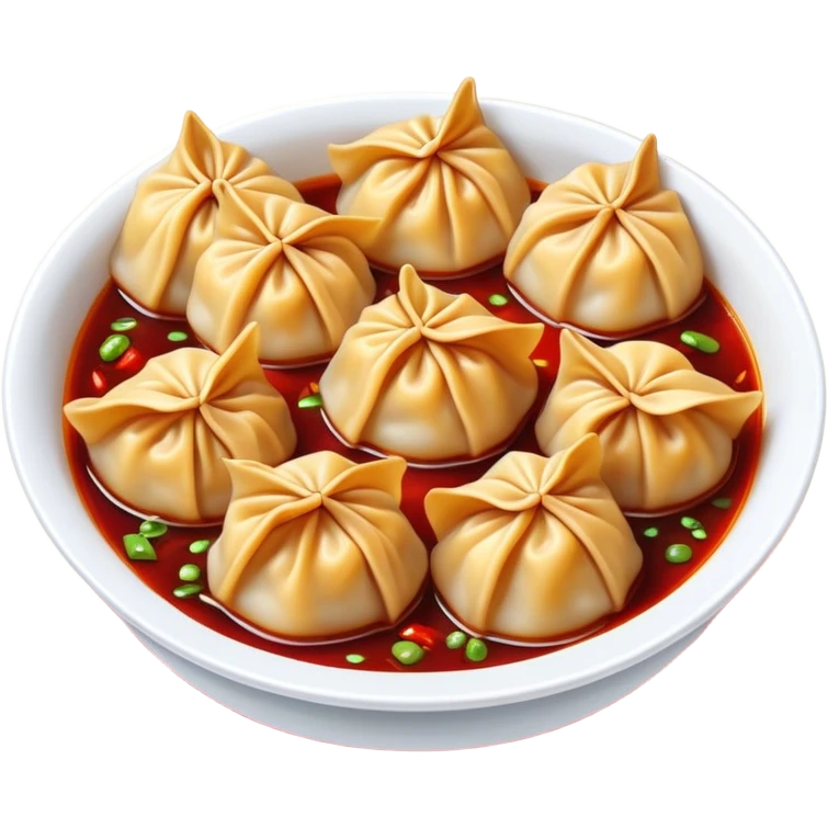 Sichuan spicy wontons in chili oil sauce, simplified emoji style with bold outlines and bright colors, cartoon style red Chinese dumplings Hongyan Chaoshou emoji
