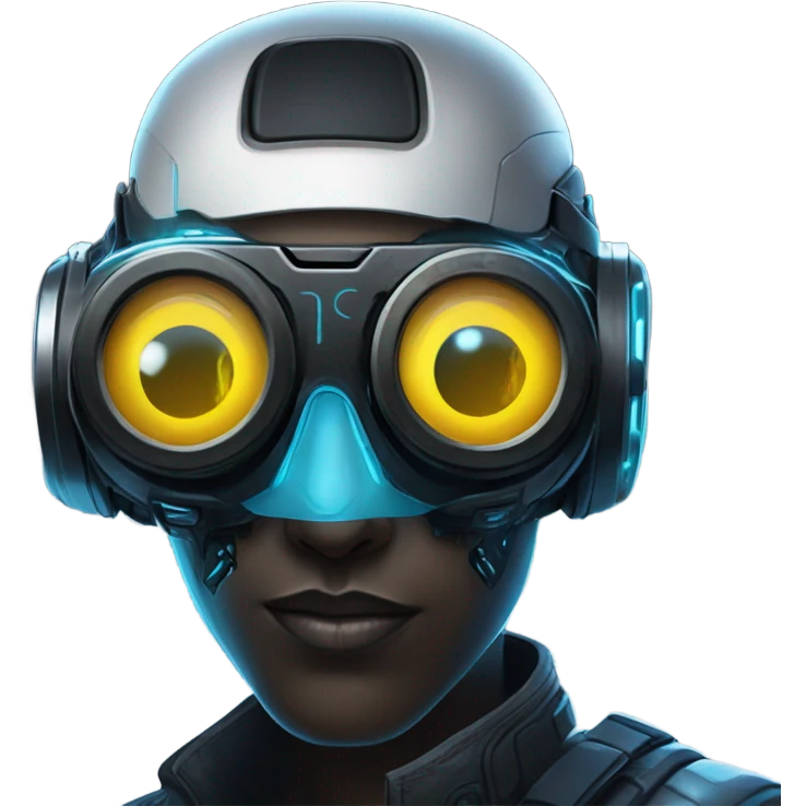 netrunner, cyberpunk hacker with mechanical glasses, black cyborg mods, black vr headset, eyes covered, blue neon emoji