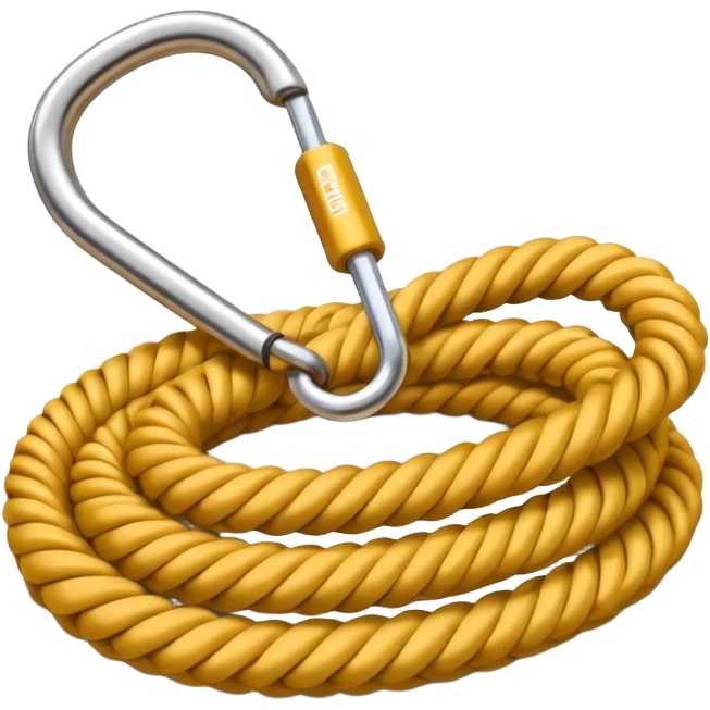 A 3D cartoon coiled climbing rope with a carabiner, golden color, resting on a rocky surface, realistic soft shadows, Memoji-style rendering. negative : Flag. emoji
