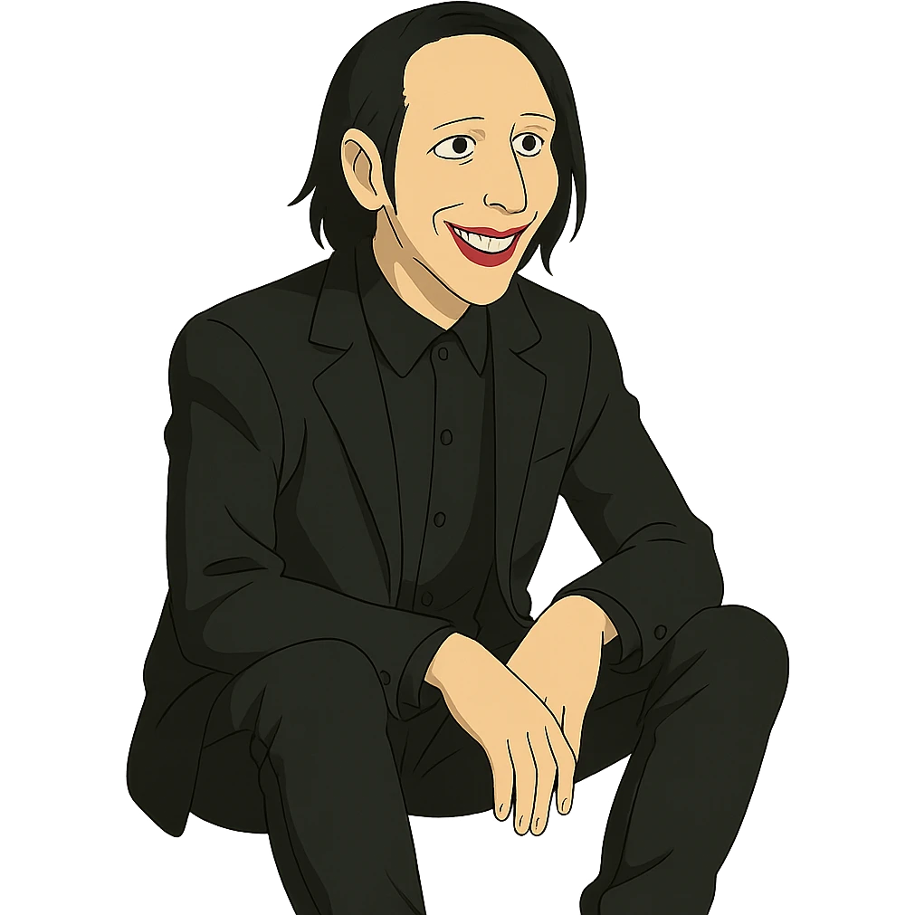 Marilyn Manson sitting and smiling, ghibli style emoji