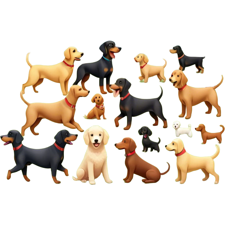 Collage of various dog breeds like Doberman, Poodle, Dachshund, and Golden Retriever, playing in a park with trees and grass. Some dogs run, others sit, all are full of energy and happiness. A joyful, colorful scene with playful expressions. Transparent background. emoji