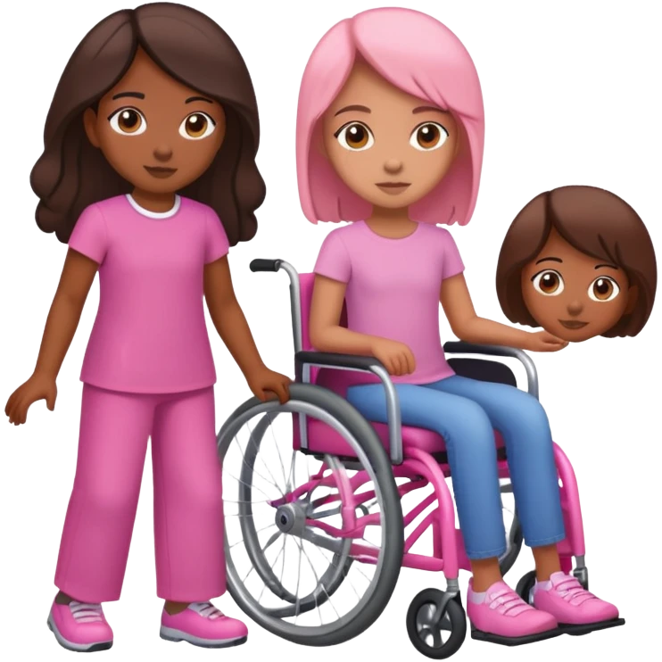 One tan skin sister standing behind her brown skin sister in a pink wheelchair emoji