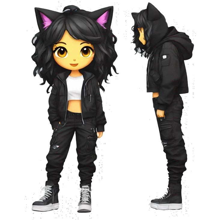 Edgy cool beautiful pretty anime punk tomboy with cat ears techwear cargo pants hoodie emoji