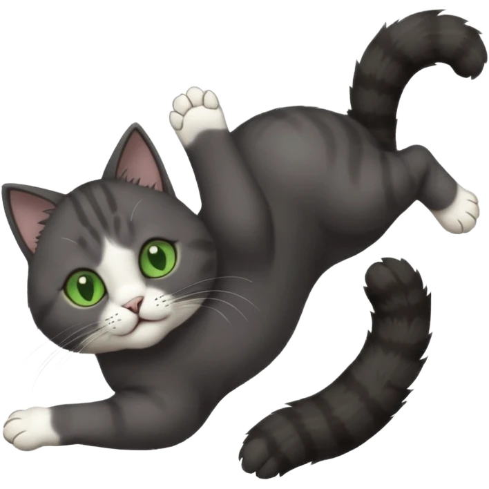 solid dark grey cat with green eyes, white toes/paws and white patch on her chest playfully rolling upside down emoji