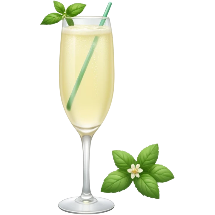 French 75 cocktail with subtle elderflower color with one of each mint and basil leaf for garnish emoji