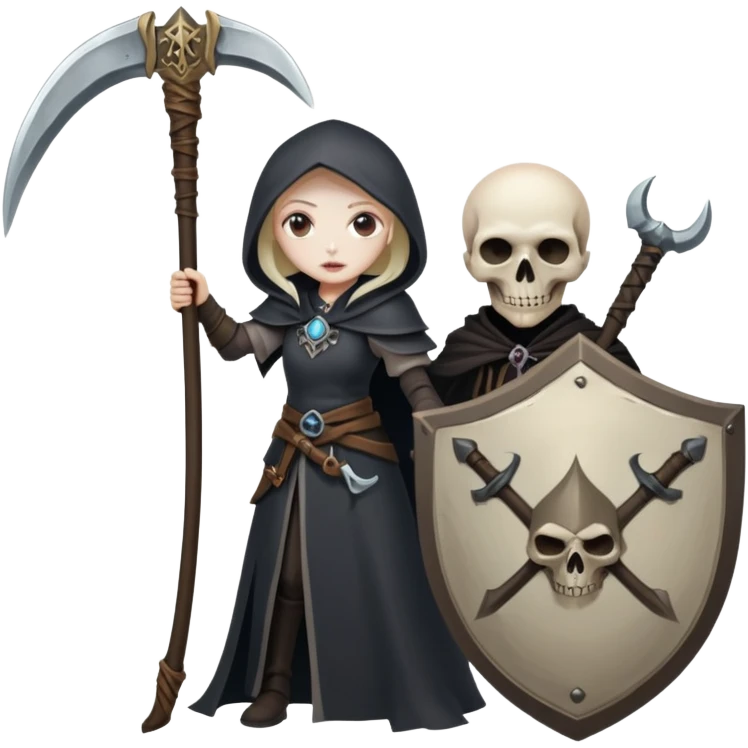 Necromancer girl with scythe and shield, in front of a dead mage emoji