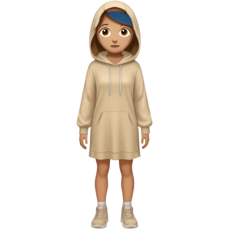 fullbody, head-to-toe, Lazarus's sister, Jesus's friend, with brown hair, beige dress, and a head hoodie, normal emoji style, different pose emoji