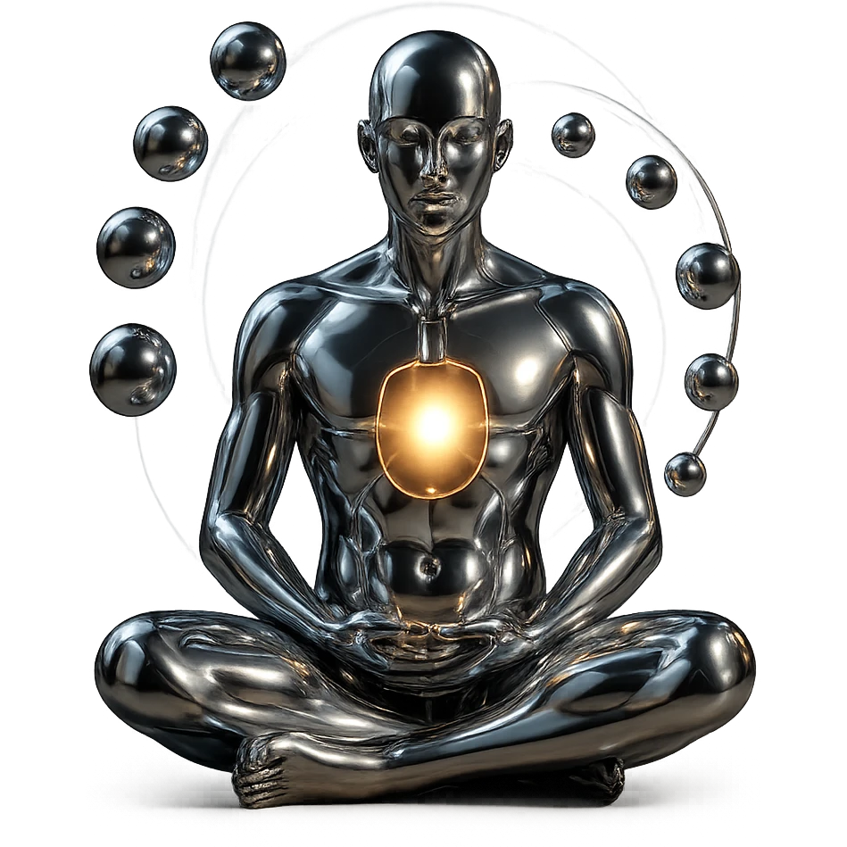chrome style meditating figure in the lotus position with an open chest revealing a glowing light or energy inside, surrounded by spiraling spheres and a glowing aura, highly polished emoji