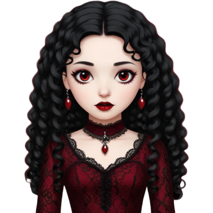 A girl with a dark red goth vampire look in a goth lace dress with long sleeves longer black curly hair emoji