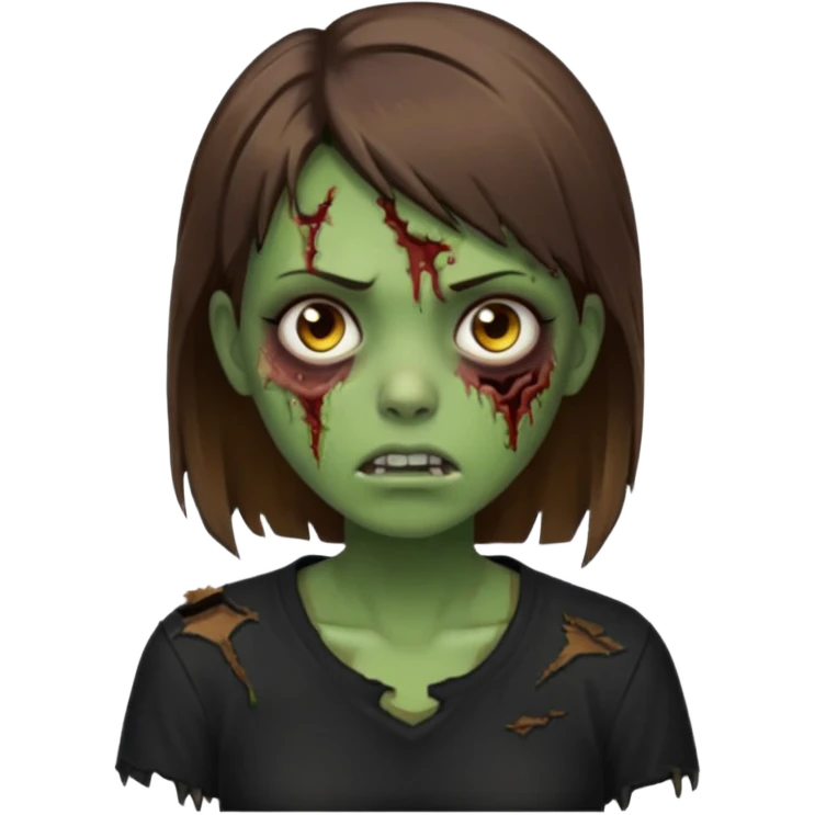 Zombie girl emoji verde com cabelo curto liso castanho no ombro com uma blusa preta emoji