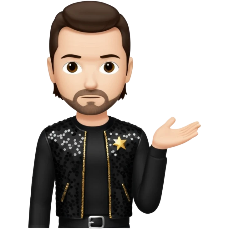The Edge from U2 with dark brown hair, black sequin outfit emoji