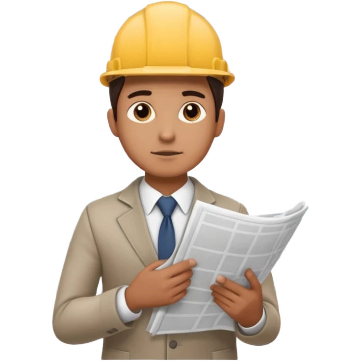 thinking architect in office cloth without helmet that holds architecture plan and is in thinking pose emoji