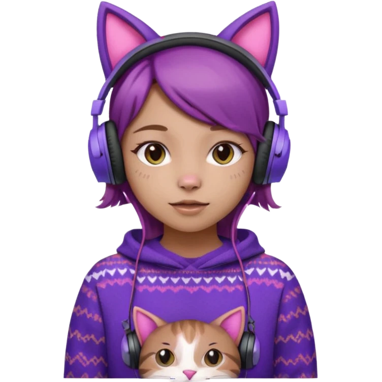 une fille avec des écouteurs de chat rose et des cheveux brun qui est crazy  chandaille mauve  emoji