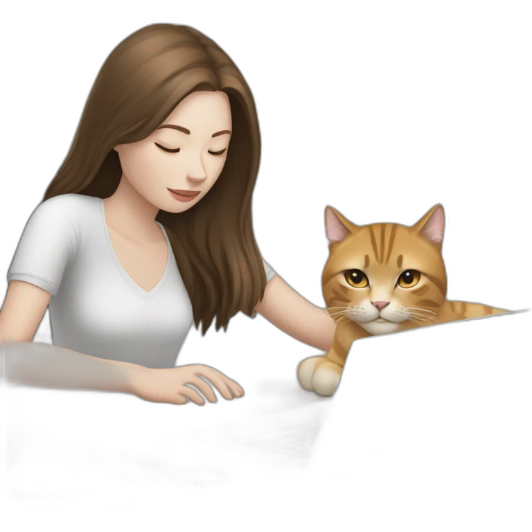 woman with pale skin and brown long straight hair working on laptop and a large cat sleeping on the laptop emoji