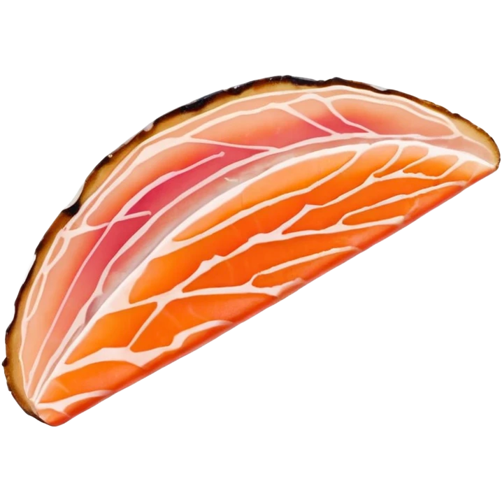 single thin slice of smoked trout, orange-pink hue, delicate marbling, translucent glossy texture, irregular with subtle folds and curved edges, no garnish or plate, soft lighting, subtle shadows, emoji scale emoji