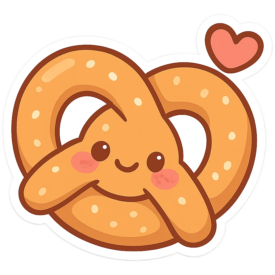 chibi sticker-style pretzel with a heart accent, cute and exaggerated emoji