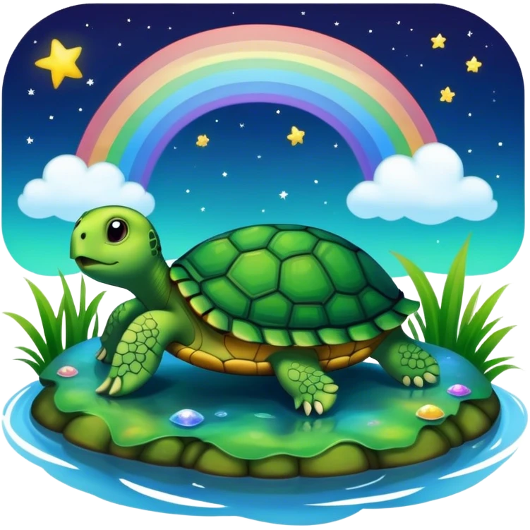 Turtle in pond with night sky and rainbow emoji