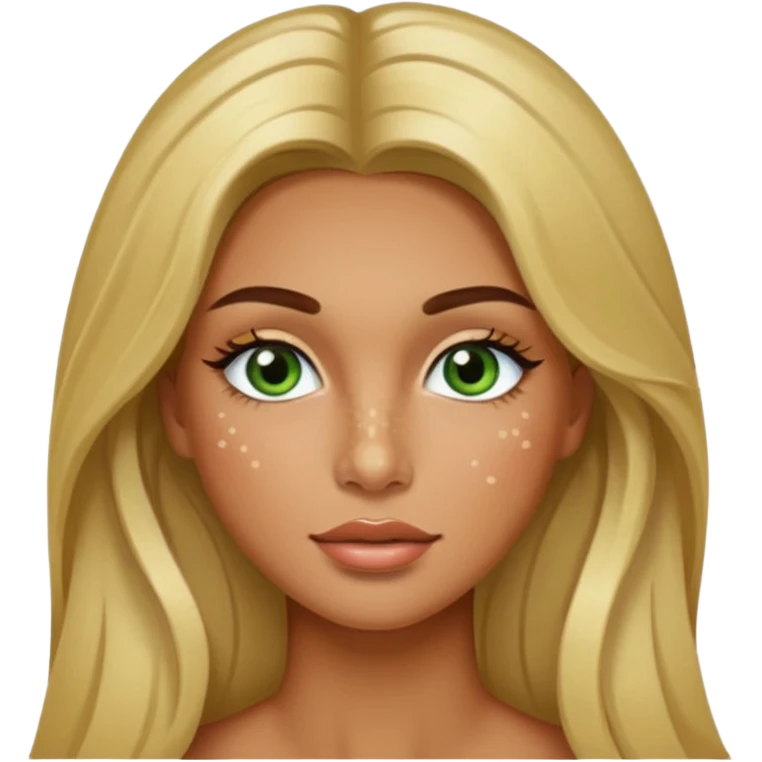 miss universe tanned girl with very long blonde brown hair and green brown eyes and freckles along her nose and cheeks and long eyelashes emoji