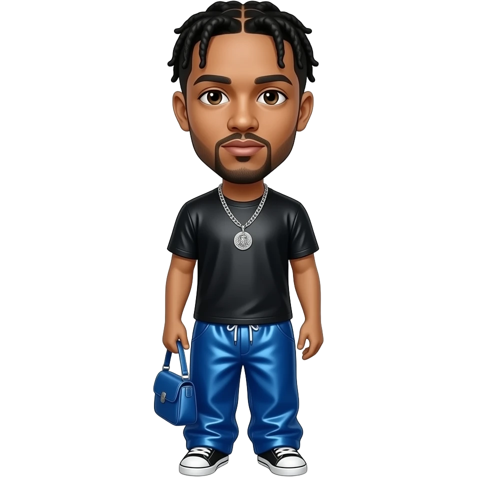 Drake with dark brown eyes, black hair, black metallic t-shirt, cobalt blue metallic baggy pants, necklace emoji