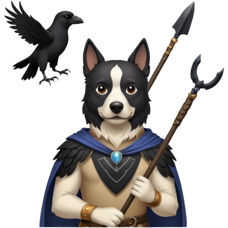 dog odin has spear. he has raven on his shoulder. dynamic pose emoji