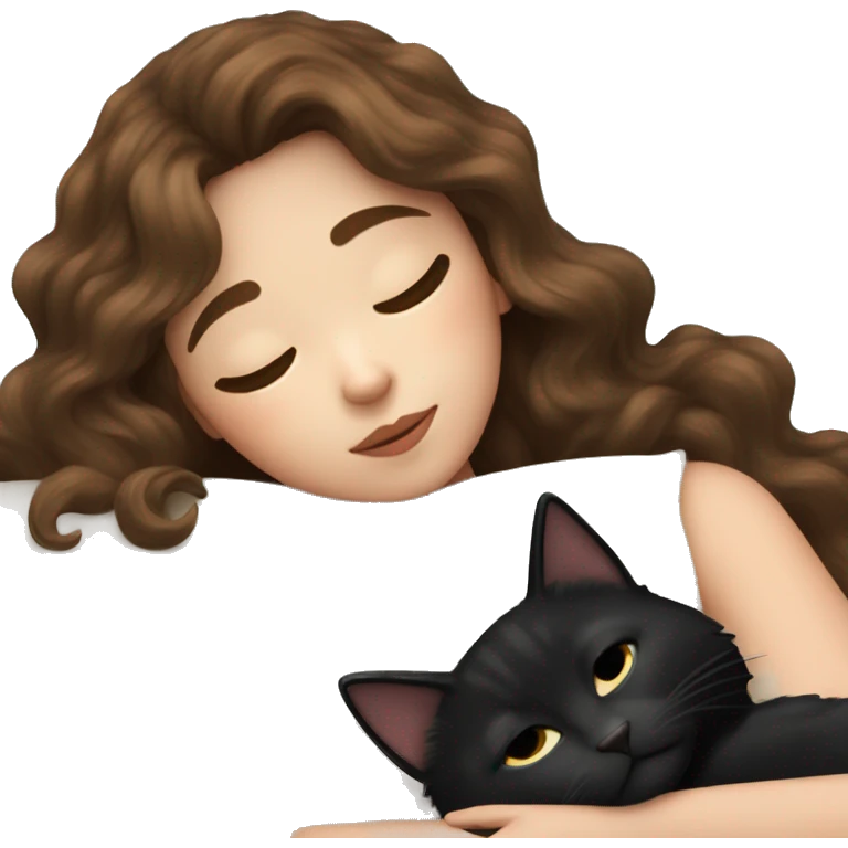 White Girl with long brown wavy hair and bangs napping with a black cat emoji