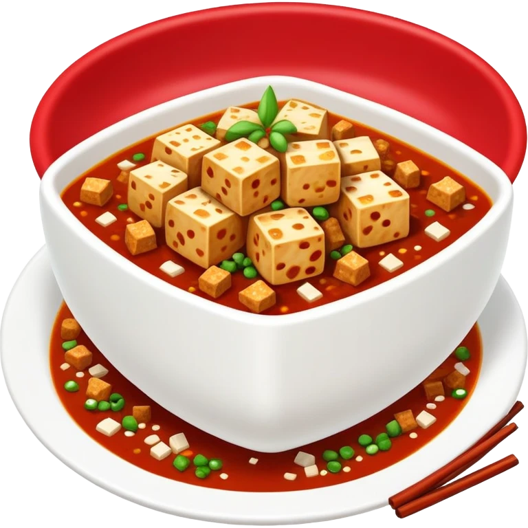 Mapo Tofu spicy red with tofu cubes and minced meat, simplified emoji style with bold outlines and bright colors, cartoon style Sichuan famous dish emoji