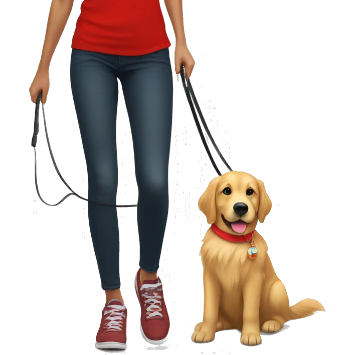 golden retriever in red shirt on a leash by a girl in red shirt  emoji