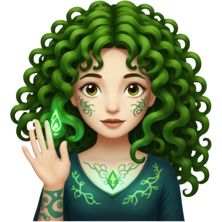 woman with long curly brown hair, brown eyes, white skin, tattoos, growing glowing moss from her fingertips like magic circuits emoji