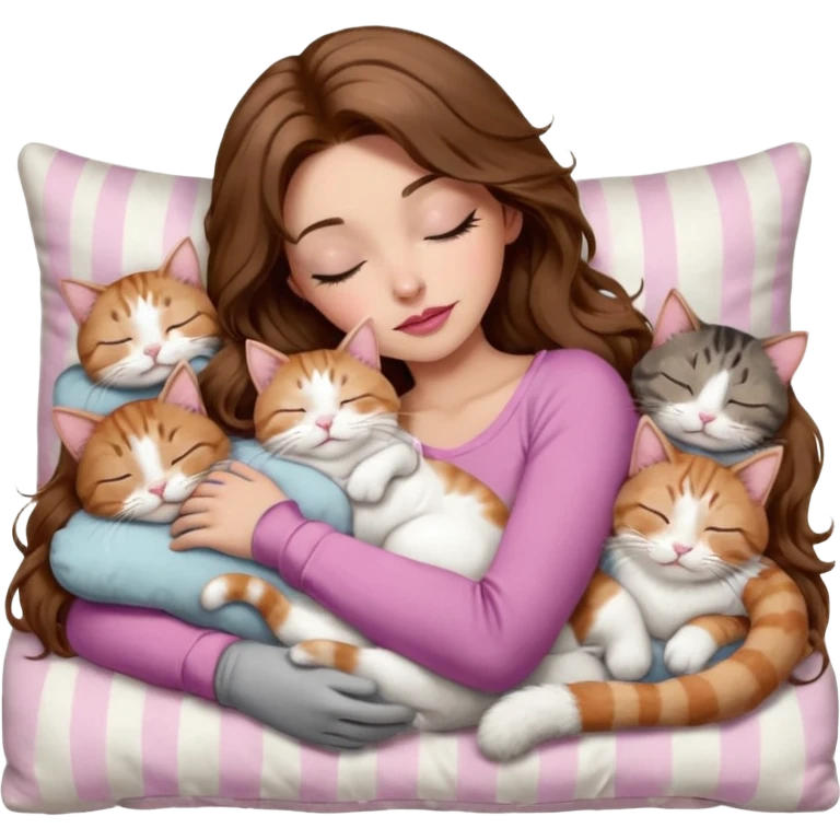 girl with long wavy brown hair, brown eyes, long lashes makeup, sexy pink lips, light to medium complexion,  sleeping on a cozy pillow, with 6 cats: 1 brown and white tabby cat, 1 ginger and white, 2 grey and white, 1 grey with white mittens and small white patch on chest and 1 calico, sleeping emoji