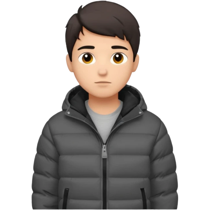 Style anchor + Young adult male American, medium skin, short dark hair, black puffer jacket over hoodie, neutral focused. emoji