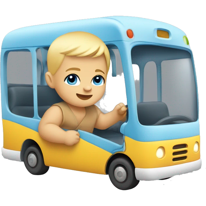 Baby playing with a toy bus blue eyes and blonde hair  emoji