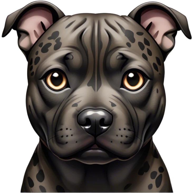 Cinematic Noble Black/Brindle Staffordshire Bull Terrier Portrait Emoji, Poised and regal, with a compact, muscular build and a sleek, well-groomed Fur featuring a striking mix of black and brindle patterns, deep-set soulful dark eyes, Simplified yet sharp and sophisticated features, highly detailed, glowing with a soft, dignified glow, high shine, intelligent and loyal, stylized with an air of strength, focused and attentive, soft glowing outline, capturing the essence of a watchful and confident guardian, so majestic it feels as though it could stride out of the screen with effortless authority! emoji