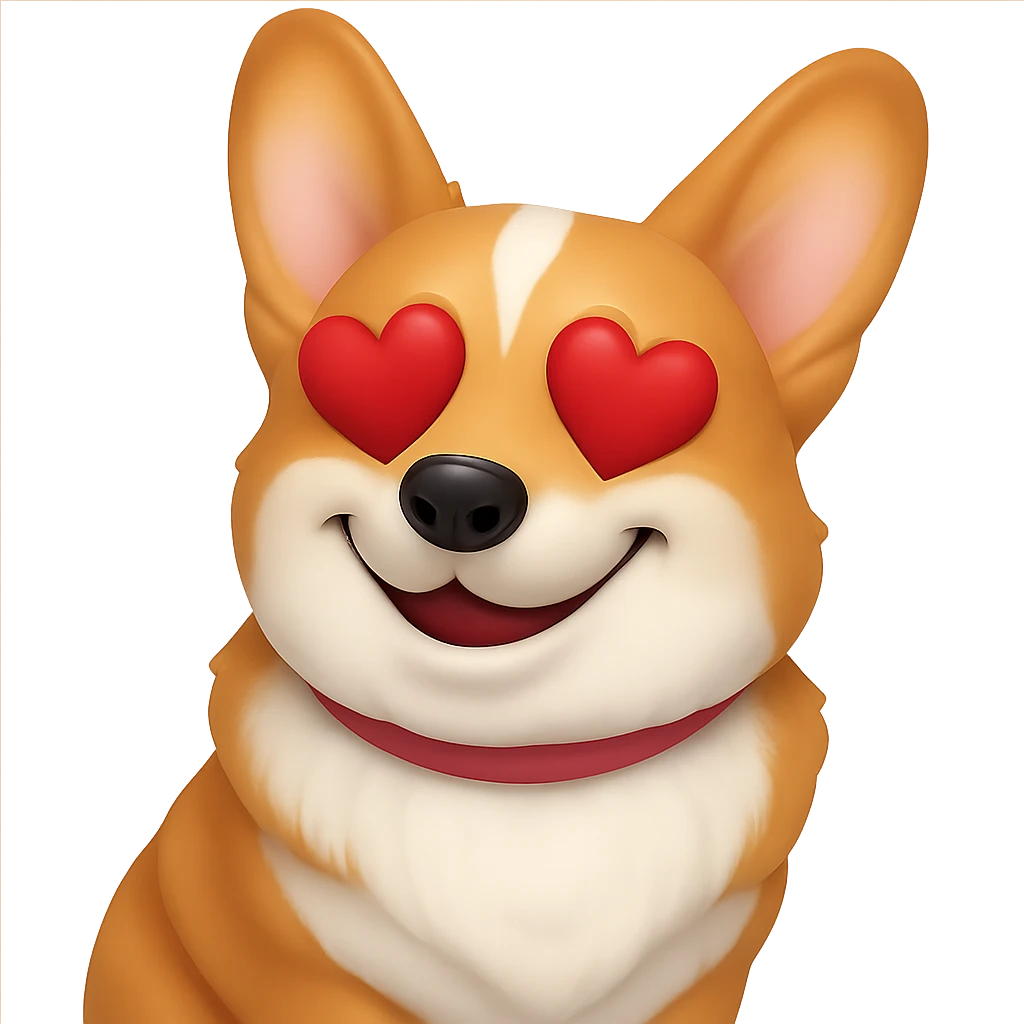 Change the corgi's facial expression to 'in love' with heart eyes and a loving smile, keeping the 3D emoji style look. The background should be transparent. emoji