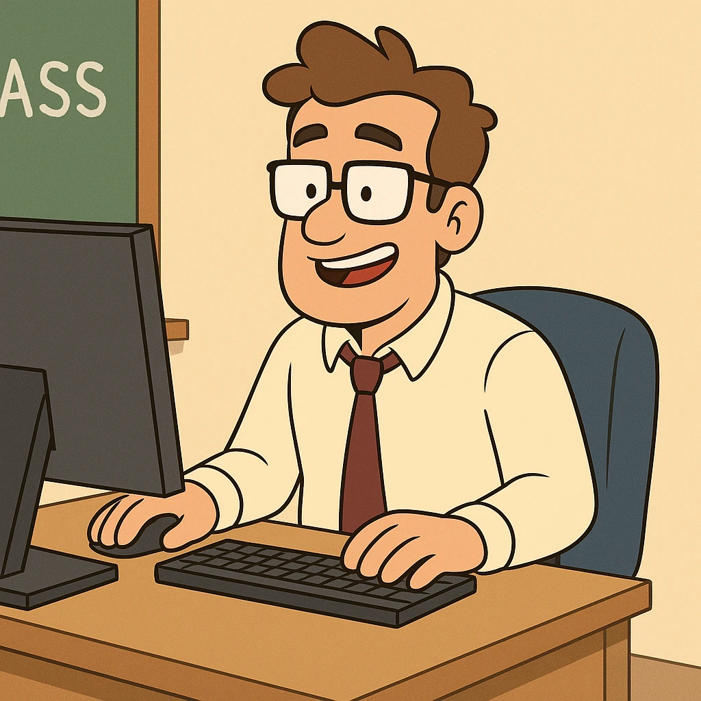 teacher at desk working in front of computer, cartoon style emoji