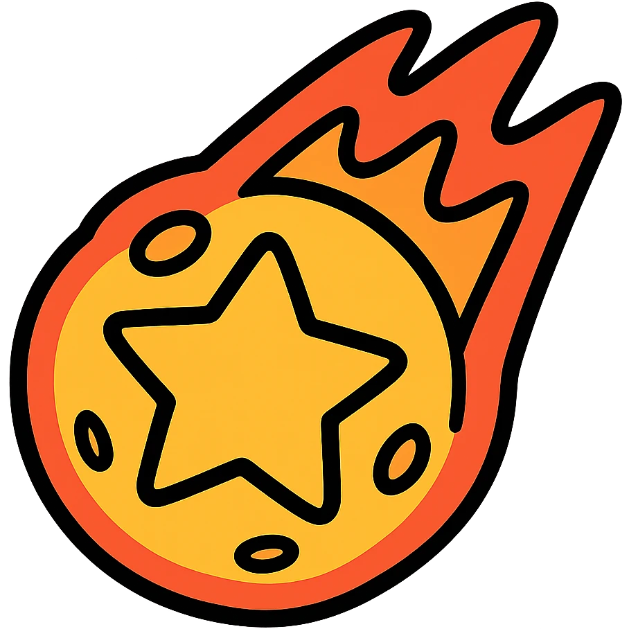 Brawl Stars pin showing a golden meteor with a star, cartoonish expressive, bold outlines, vibrant colors emoji