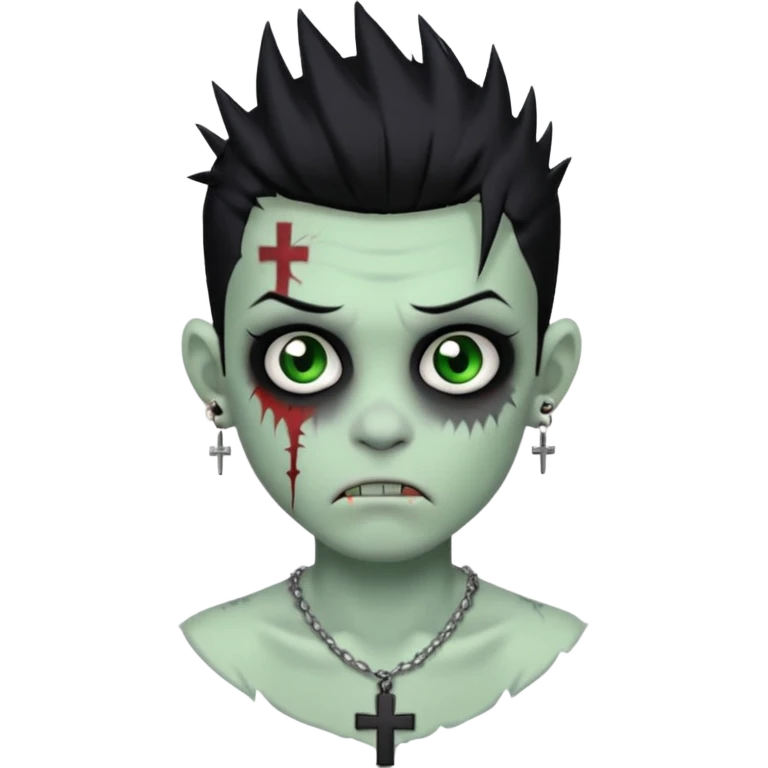zombie boy with spiky emo black hair and white shirt , tattos, a risk on the eyebrow, earings,  a necklace with a cross, green skin emoji  emoji