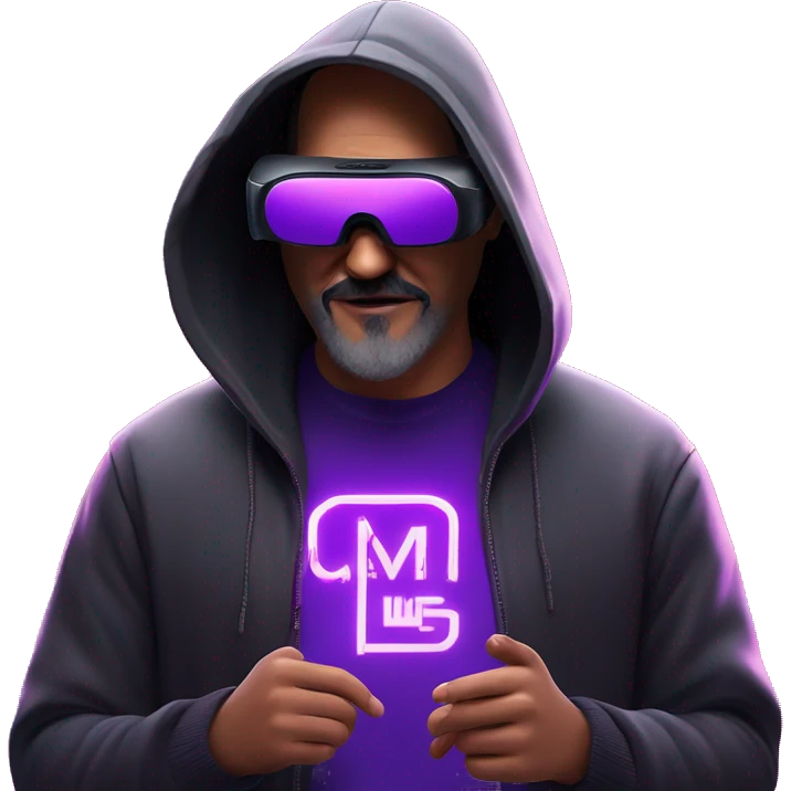 Big Lebowski wearing a black hoodie with "OMG" letters on it and VR headset oculus quest 2 in a cyberpunk VR environment with violet neon lighting. emoji