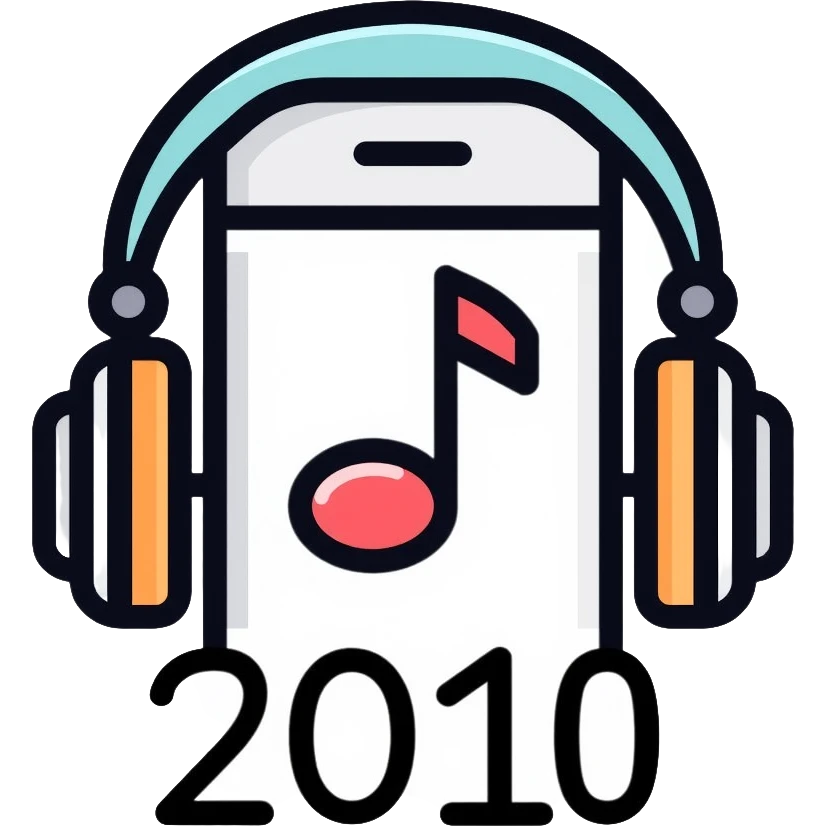 Music playlist icon with smartphone, headphones, and "2010" text, representing 2010s decade music emoji