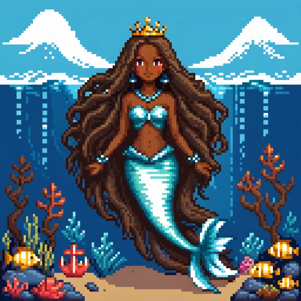 Dark brown skin mermaid princess with long flowing hair and royal accessories in deep blue ocean emoji