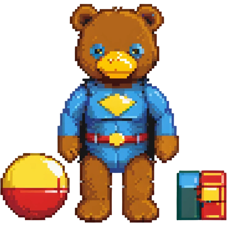 classic childhood toys scattered - brown teddy bear, yellow duck toy, primary colored blocks, red ball, superhero figure emoji