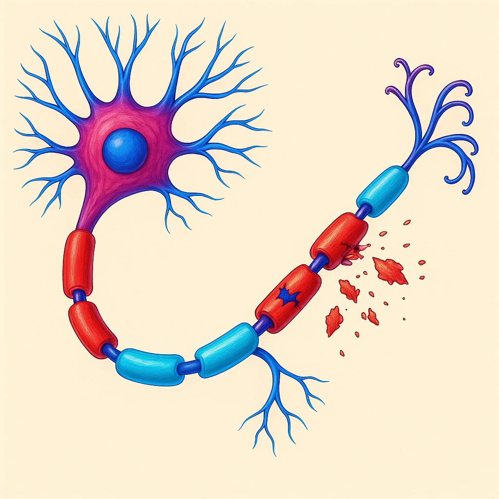Make the neuron and myelin sheath illustration more colorful with vibrant medical colors, enhancing the vibrancy and clarity of the medical illustration. emoji