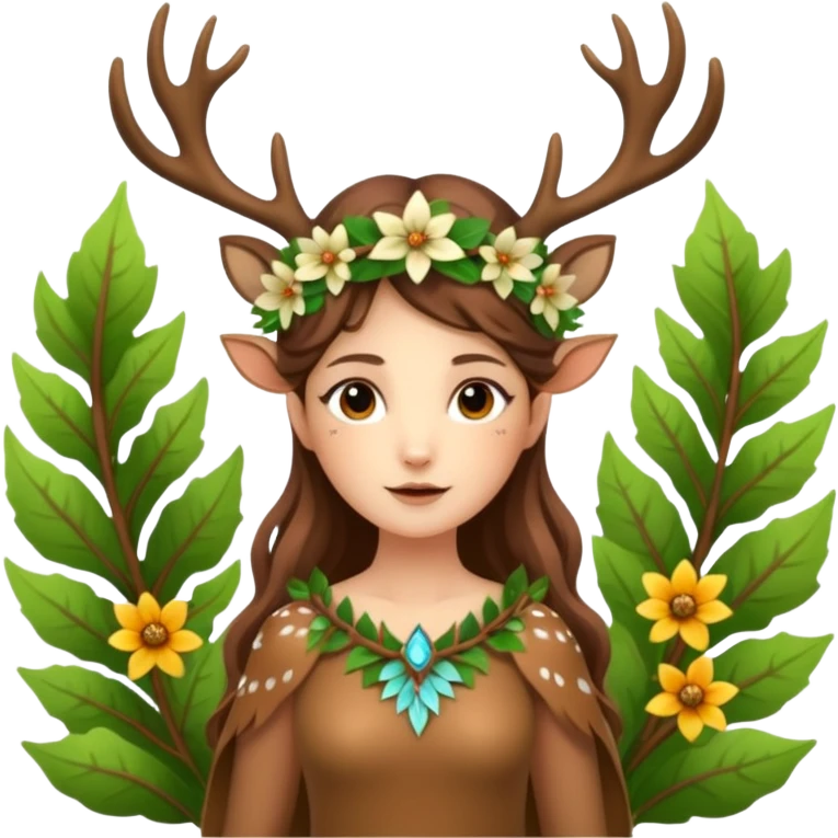 forest fairy woman dressed as deer spirit, antler crown and leaf dress, standing in flowers emoji