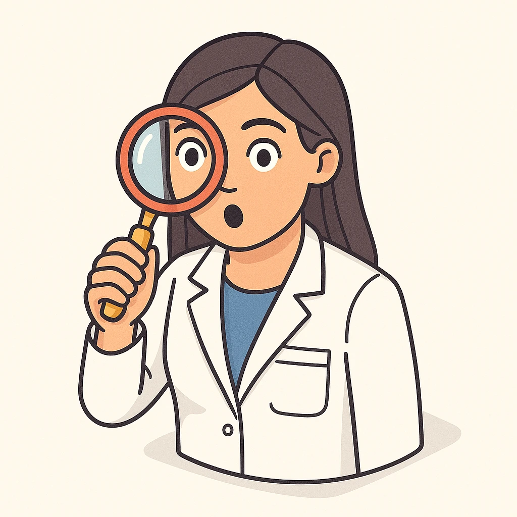 front view of a female doctor with dark long straight hair, detailed brown eyes (not dots), wearing a white coat, looking straight at the camera through a magnifying glass, surprised facial expression, minimalist background, 2D isometric style emoji